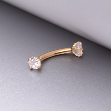 Detail View 1 of Implant Grade Titanium Golden Prong Set Gem Sparkles Internally Threaded Curved Barbell-Clear Gem